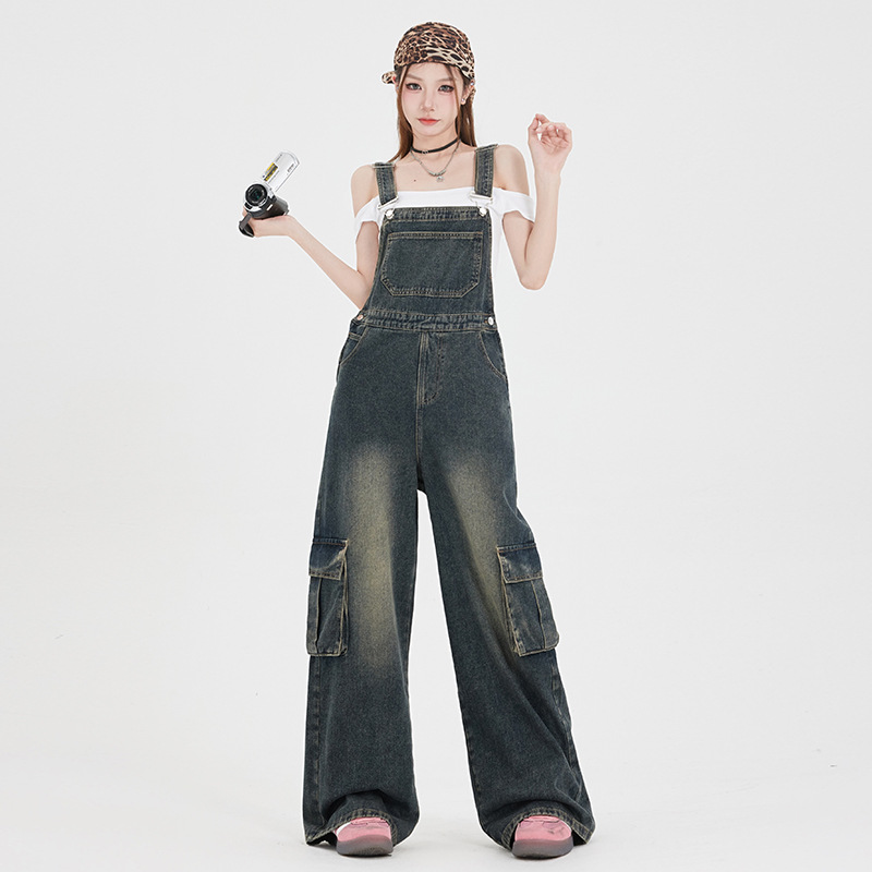 YD @ American retro washed tooling Denim strap pants 2024 autumn new straight tube wide leg light blue retro blue