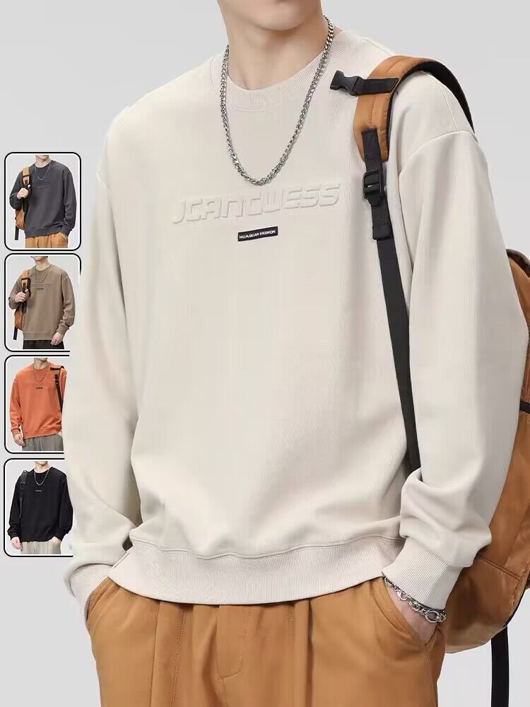 2023 new spring and autumn loose pullover round neck long-sleeved T-shirt men's bottoming shirt men's fleece-lined sweater men's autumn and winter