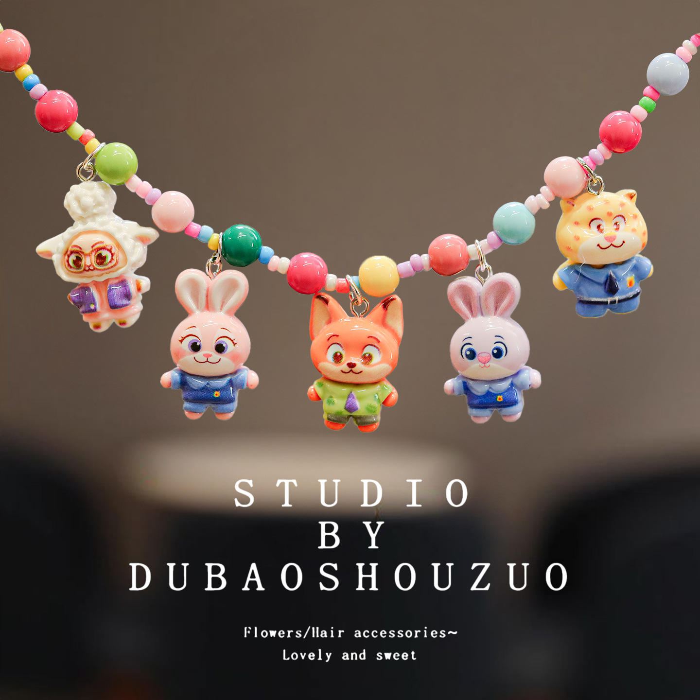 Colorful Children's Beaded Necklace Cute Cartoon Zootopia Pendant Girls Birthday Gift Pendant Necklace