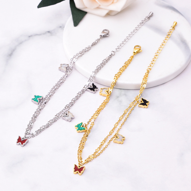South Korea Korean style new anklet colorful shell multi-butterfly anklet pendant titanium steel 18K gold Non-fading double-layer chain