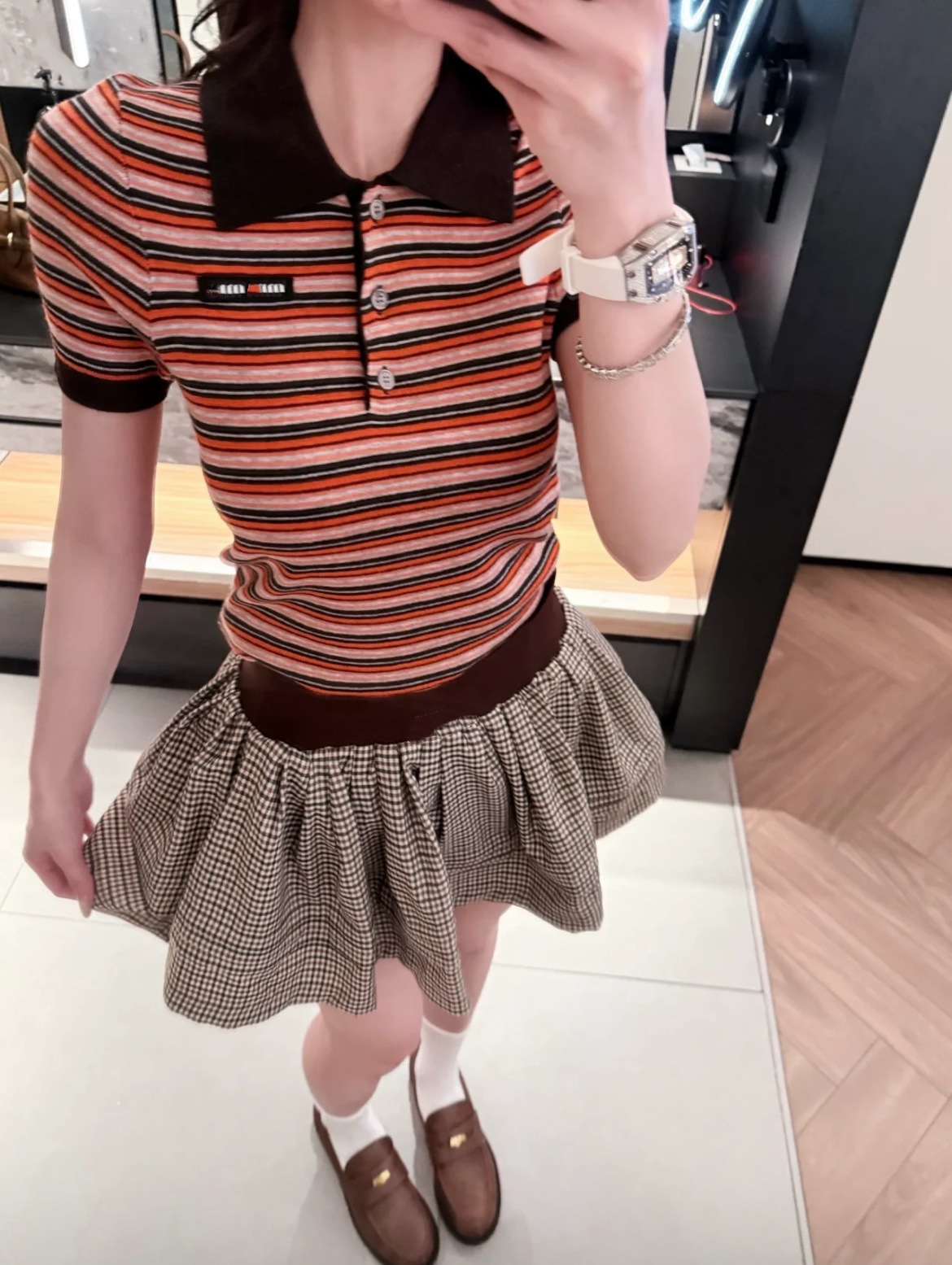 High-End mm Brand 2026 Early Spring New Striped Turn-Down Collar Button Stylish Young Girl Style Short-Sleeve Knit Top for Women