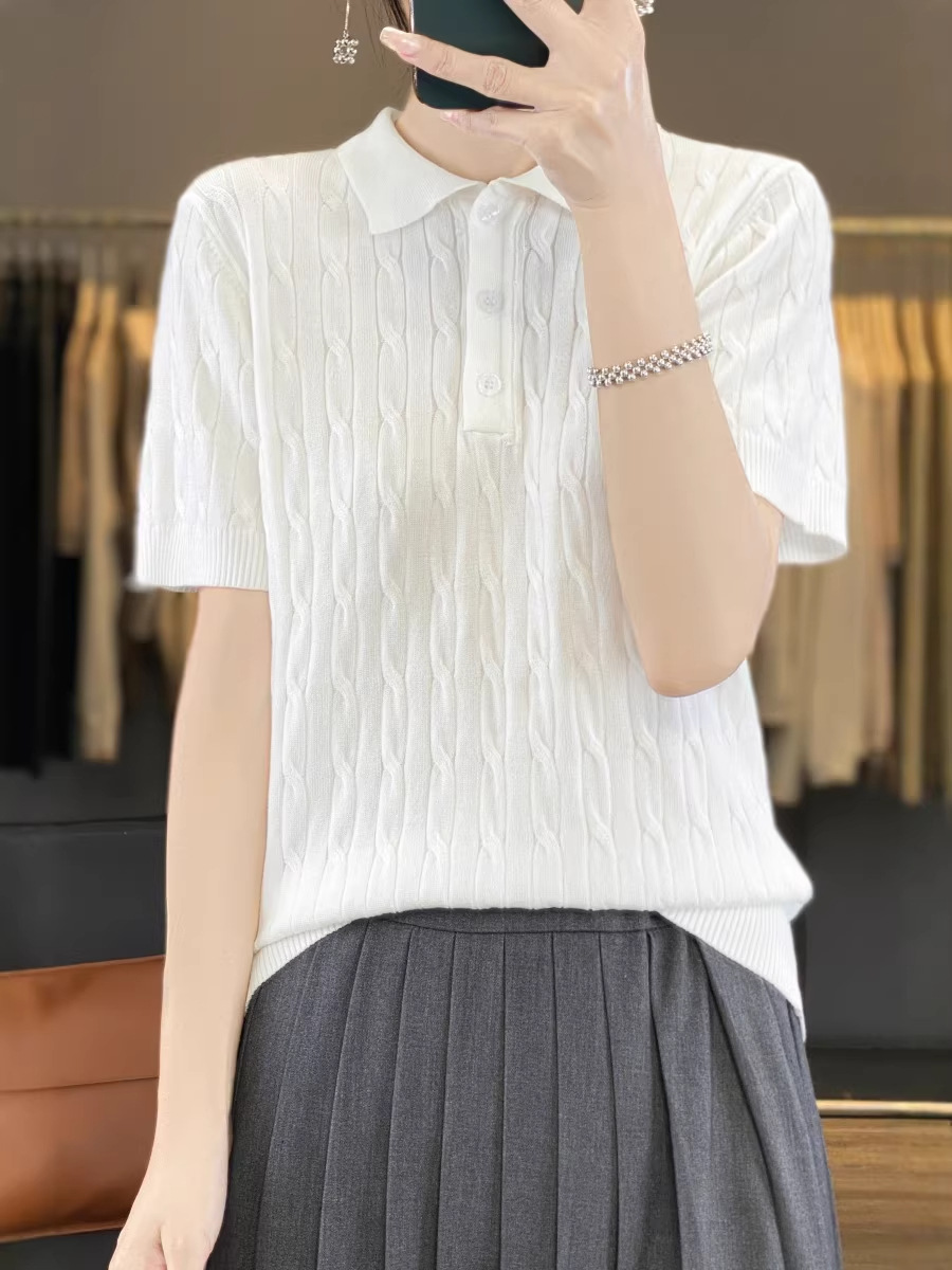 Tencel Lyocell Twisted Polo Collar Women's Spring/Summer Versatile Design Top Simple Retro Turn-Down Collar Knitwear
