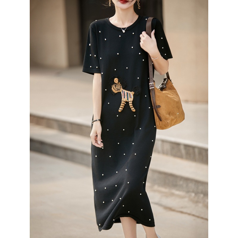 2026 Spring/Summer New Ice Silk Round Neck Knitted Dress Short Sleeve Women's Beaded Embroidery Pony High Waist Mid-Length Dress