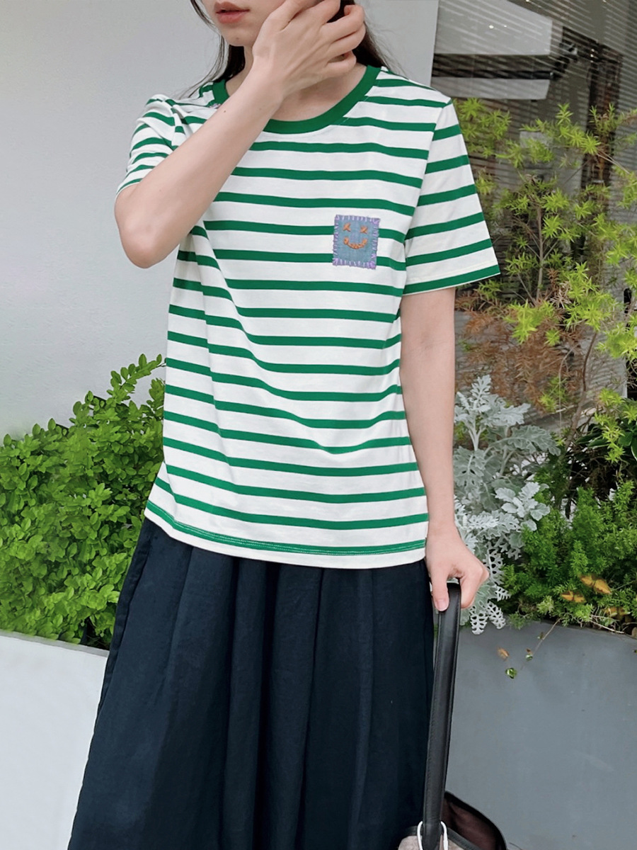 Plus Vintage Handmade Beaded Round-Neck Striped T-Shirt for Women 2026 Summer New Embroidered Loose Versatile Top