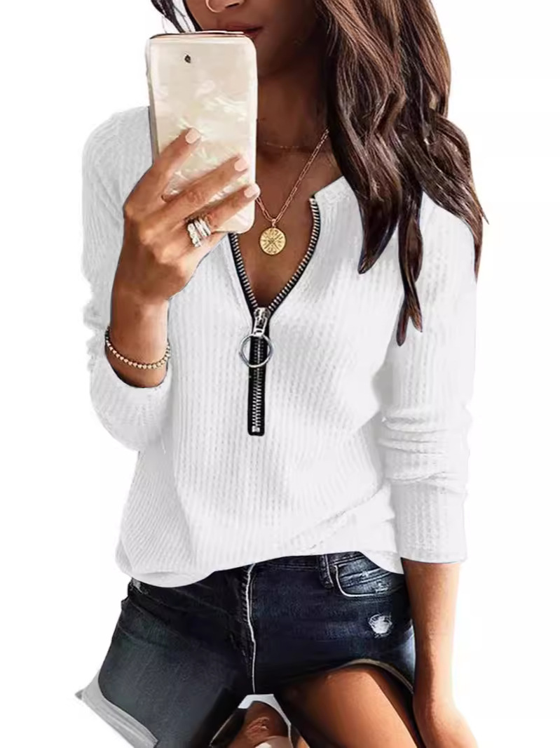 2024 European and American ExporT Cross-border AuTumn and WinTer New Women's Zipper V Neck Waffle Long-sleeved T-shirT Top
