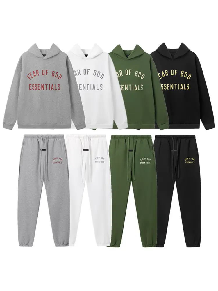 Fog Essentials Season 10 Letter Print Autumn/Winter Fleece Sweatshirt and Pants Casual Set for Trendy Men