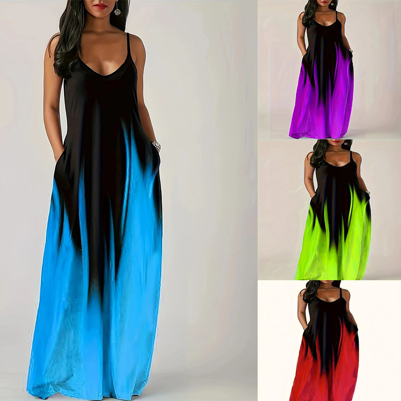 2026 European and American Cross-Border Autumn and Winter New Style Wish Gradient Suspender Long Dress with Elegant Commuter Print Dress