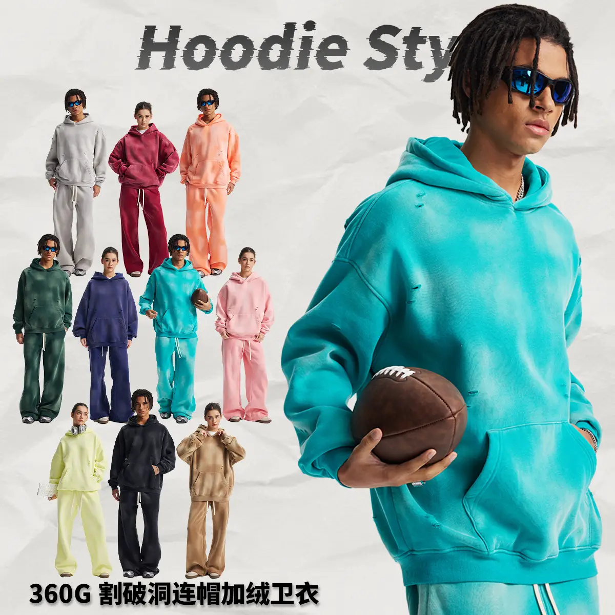 2025 Autumn and Winter New Original 360g Spray Horse Sweat Washed and Distressed Hooded Fleece-Lined Spray Horse Sweatshirt