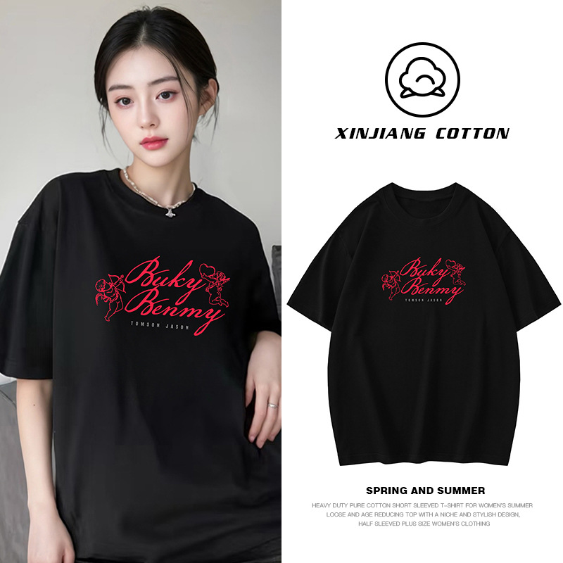 260g Heavyweight Pure Cotton Short-Sleeved T-Shirt for Women, Loose Design, Niche Right Shoulder Top, Fun Angel Print Half-Sleeve