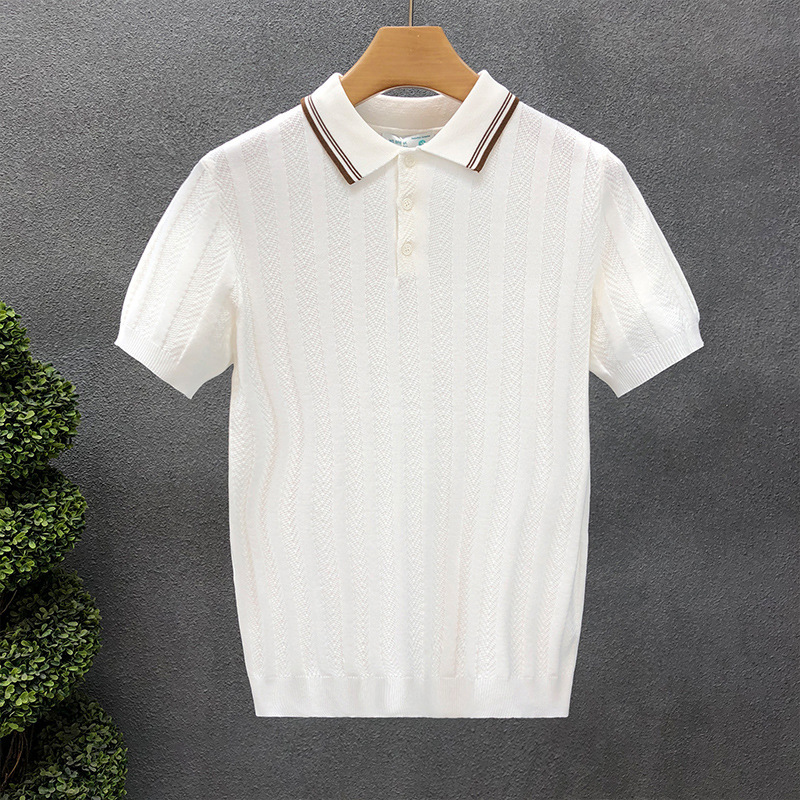 High-End Light Luxury Knitted Short-Sleeved Polo Shirt for Men, Summer New Style, Solid Color Ice Silk Turn-Down Collar Half-Sleeve T-Shirt for Men