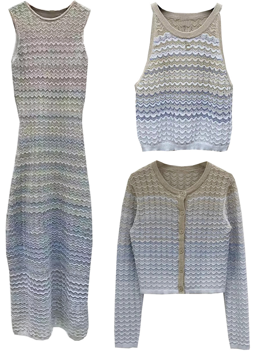 Fa Shan S Home 2024 Spring and Summer New Gradient Striped Knitted Dress Sling Knitted Cardigan Sleeveless Long Dress