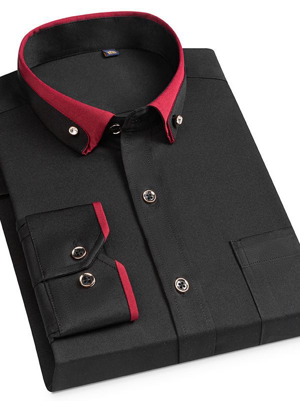 Stretch Long Sleeve Shirt Anti-wrinkle Diamond Buckle Contrast Collar Men's Business Casual Four Seasons Men's Pocket Shirt Shirt