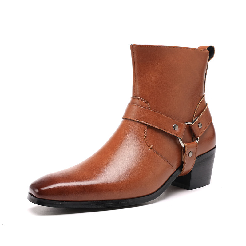 Men's British-Style Retro Wooden-Soled High-Heeled Leather Boots, High-Top Short Boots with Metal Ring Buckle, Chelsea Boots for Export