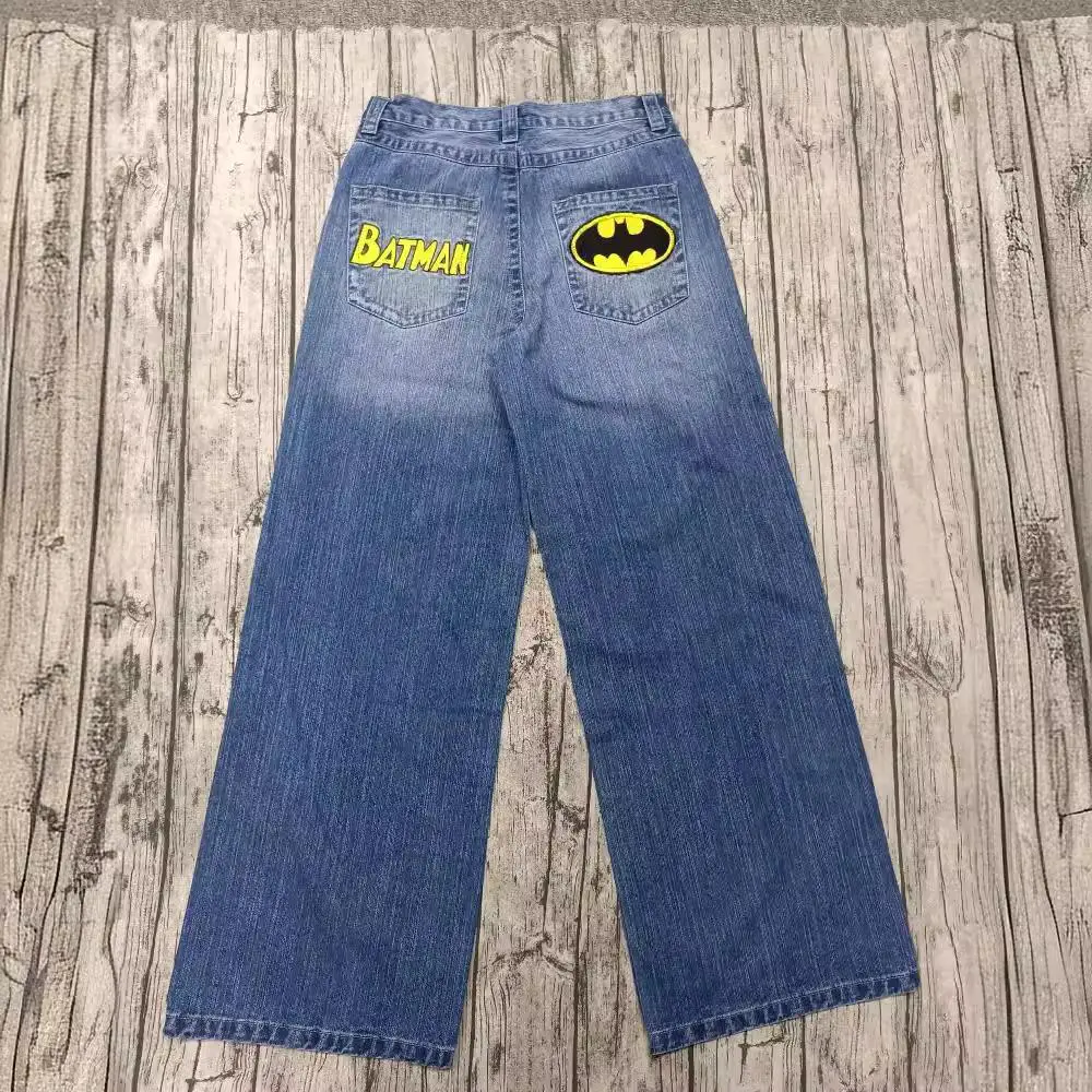 American retro Harajuku Bat Pattern Embroider Loose Denim Men's Street Y2K Pants Lazy Denim