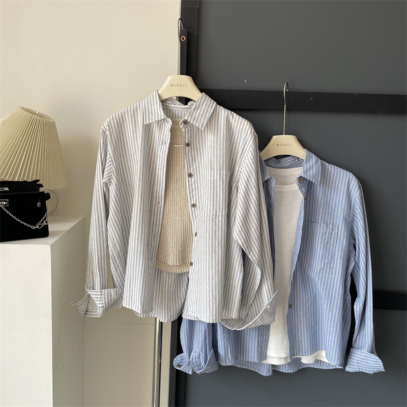 New in early spring! Fashion Short Lapel Striped Shirt Women's Loose All-match Slim-fit Long-sleeved Cardigan Top