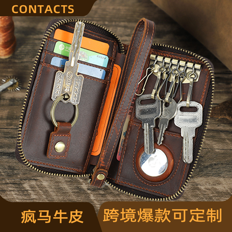 Genuine Leather Retro Color-Changing Cowhide with Wrist Strap Zipper Key Bag Rfid Anti-Theft Simple Key Card Bag