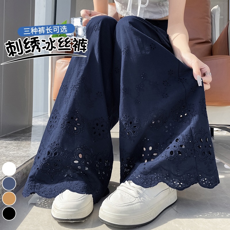 Navy Blue Lace Hollow-Out Wide-Leg Pants for Women, Summer 2026 New Style, Ice Silk Elastic Waist Straight-Leg Suit Pants
