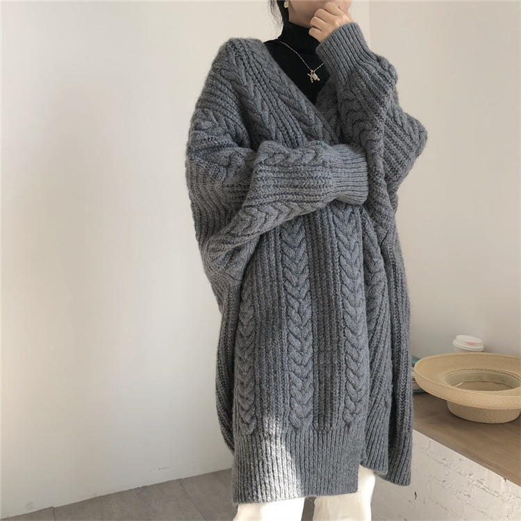 Autumn and Winter New Outerwear Knitted Cardigan Vintage Fashion Simple Thickened Loose Twist Long Women's Sweater Coat for Women