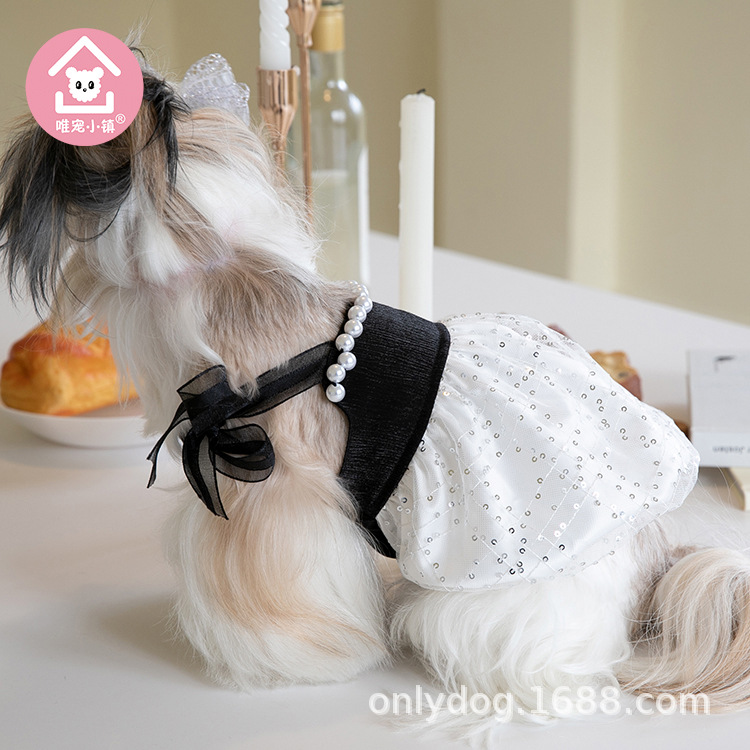 Wei Pet Town * spring and summer streamer chic pearl lace-up gauze dress pet clothes cat and dog clothing teddy bear coat