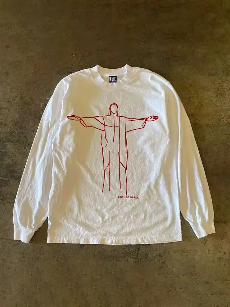 Make Money and Do Charity! Three-Thread 310 Pure Cotton Double Yarn! Upward Hero Non-Transparent American Style Couple's Long-Sleeved T-Shirt for Women and Men
