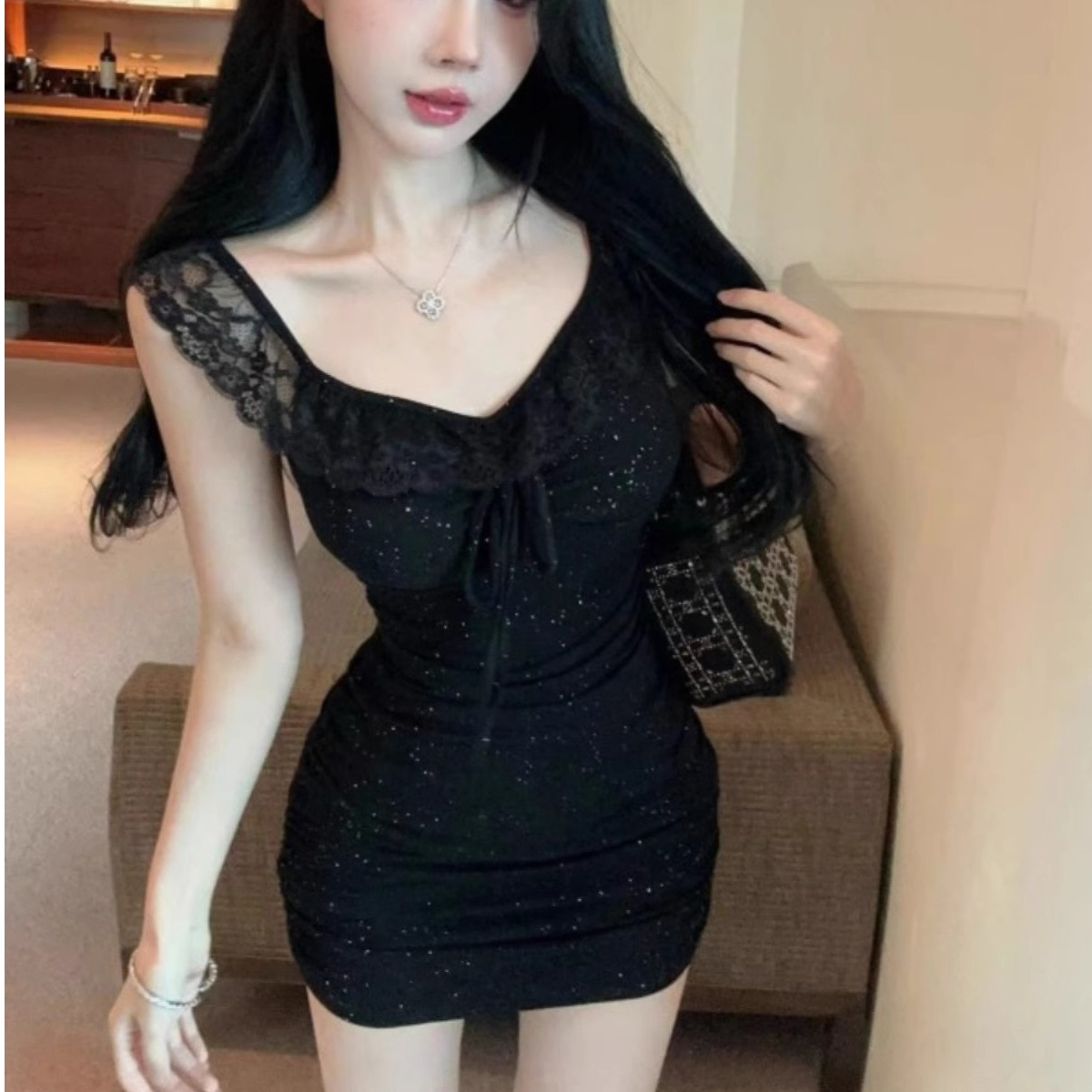 Pure Desire Sexy Lace Patchwork Slim Waist Slimming Suspender Skirt Black Halter Neck Multi-Wear Lace-Up Tight Hip Skirt