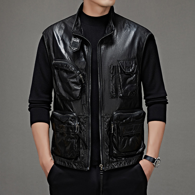 Haining First-Layer Cowhide Leather Jacket Men's Genuine Leather Vest Motorcycle Jacket Vest Men's Jacket Trendy Photographer Outfit