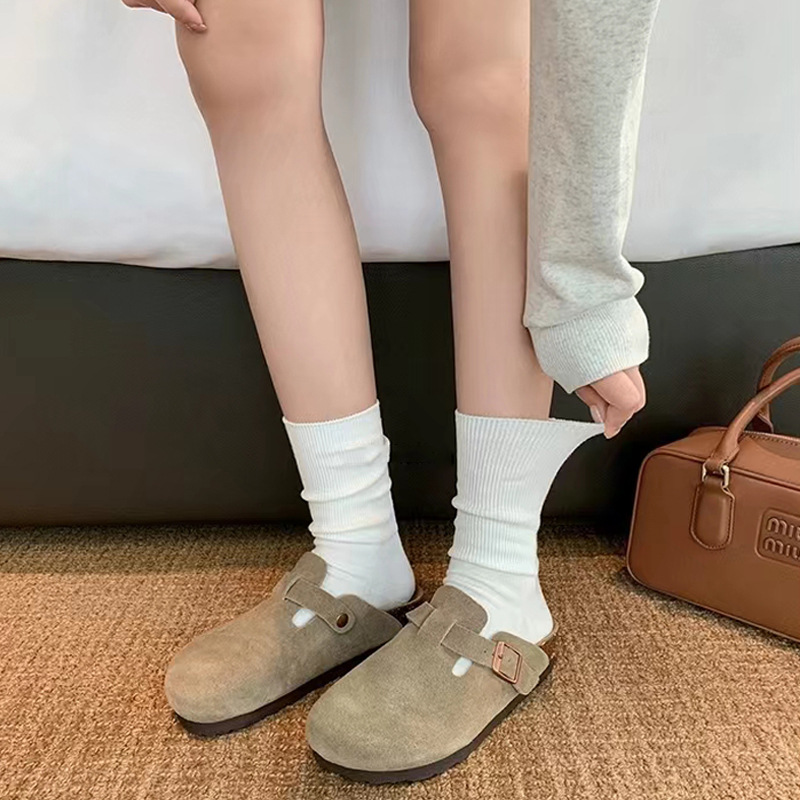 Closed toe half slippers women's autumn and winter New cowhide retro Muller shoes flat casual genuine leather ugly cute Boken shoes plus size