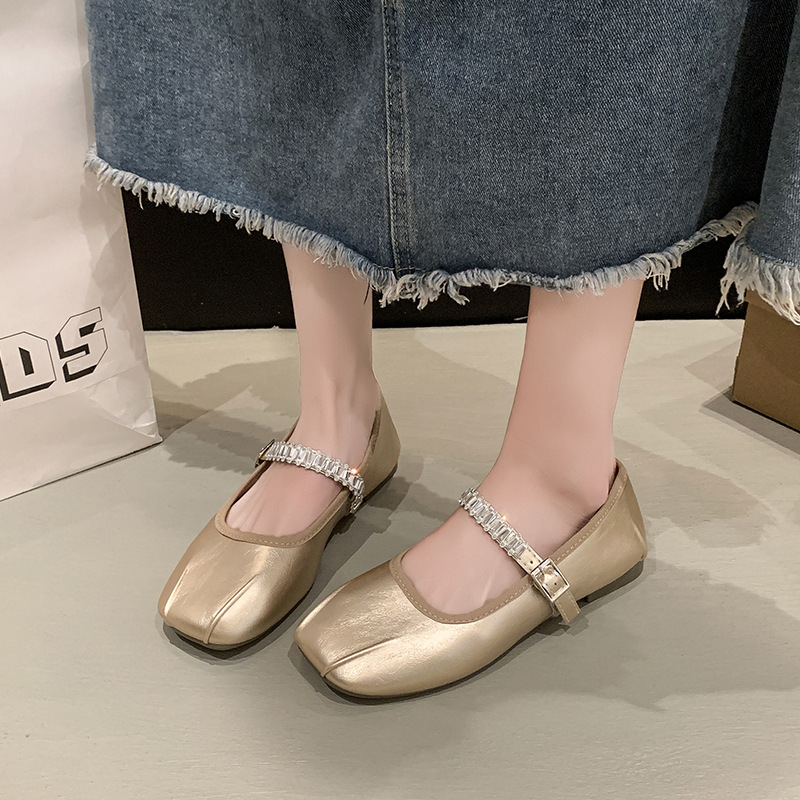 French Ballet-Style Flat Shoes for Women 2026 Summer and Autumn New Model, Suitable for Pairing with Dresses, Evening Shoes, Rhinestone Mary Jane Leather Shoes