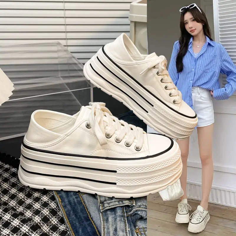 Hong Kong Thick Sole Height-Increasing Genuine Leather Sneakers for Women 2025 Spring New arrival Trendy Canvas Shoes Korean Version Versatile Casual White Shoes