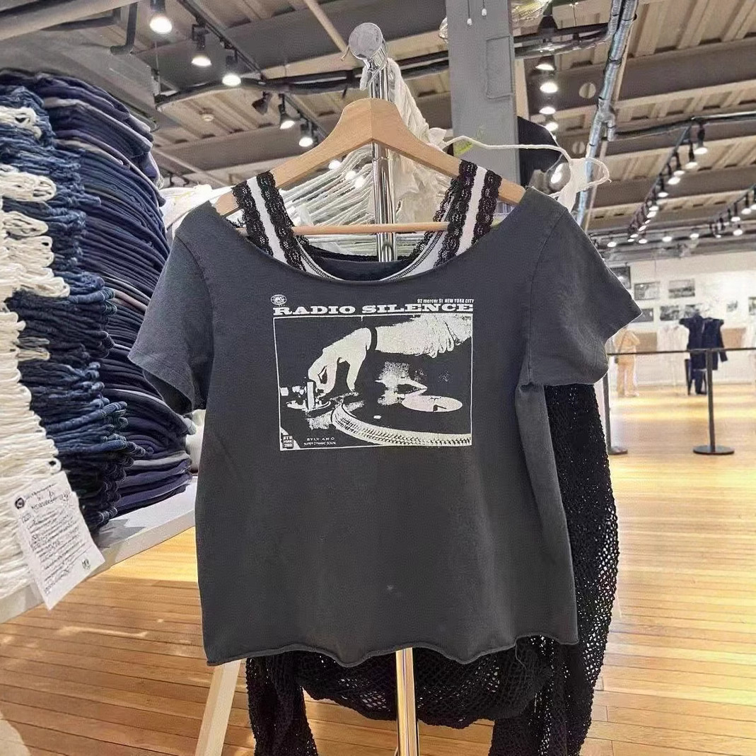 Brandy Bmrose Same Style One-Shoulder Rock Band Printed Short-Sleeved T-Shirt Female Bm Sexy Slimming Look Top