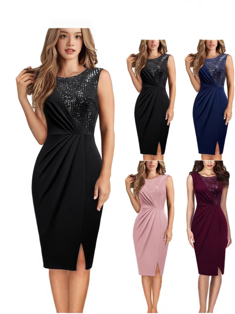 26 New Models of European and American Cross-Border Foreign Trade Women's Clothing, Solid Color Sleeveless Sequin Patchwork Slim Fit Slit Party Dress