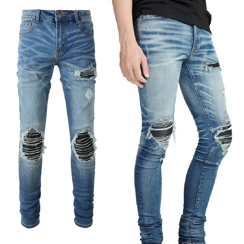 New European and American High Street Trendy Brand Leather Collar Fabric Patch Repair Program Elastic Slimming Old Wash Light Color Jeans for Men
