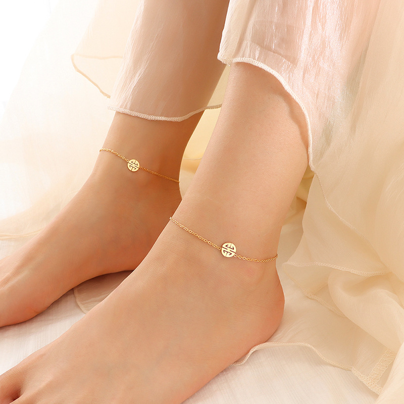 Europe and the United States ins jewelry leg chain happy word round brand anklet titanium steel 18K Gold Beach foot jewelry S070