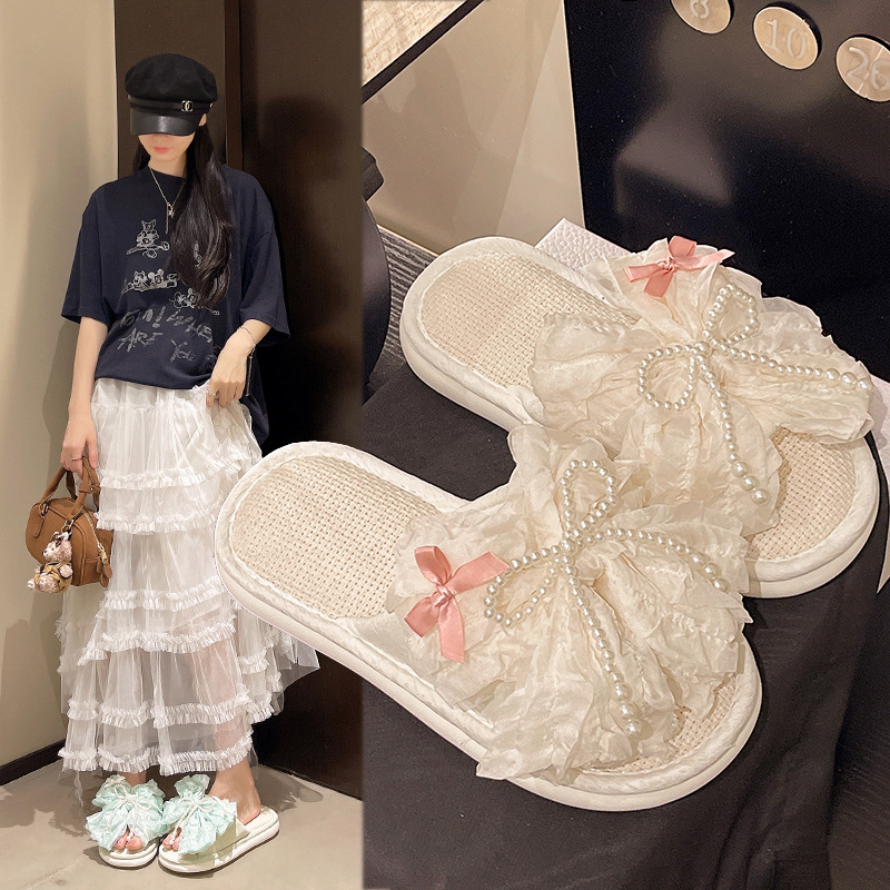 New Style Super Fairy Pearl Bow Linen Slippers for Women, Soft-Soled Non-Slip Home Shoes That Can Be Worn Outside