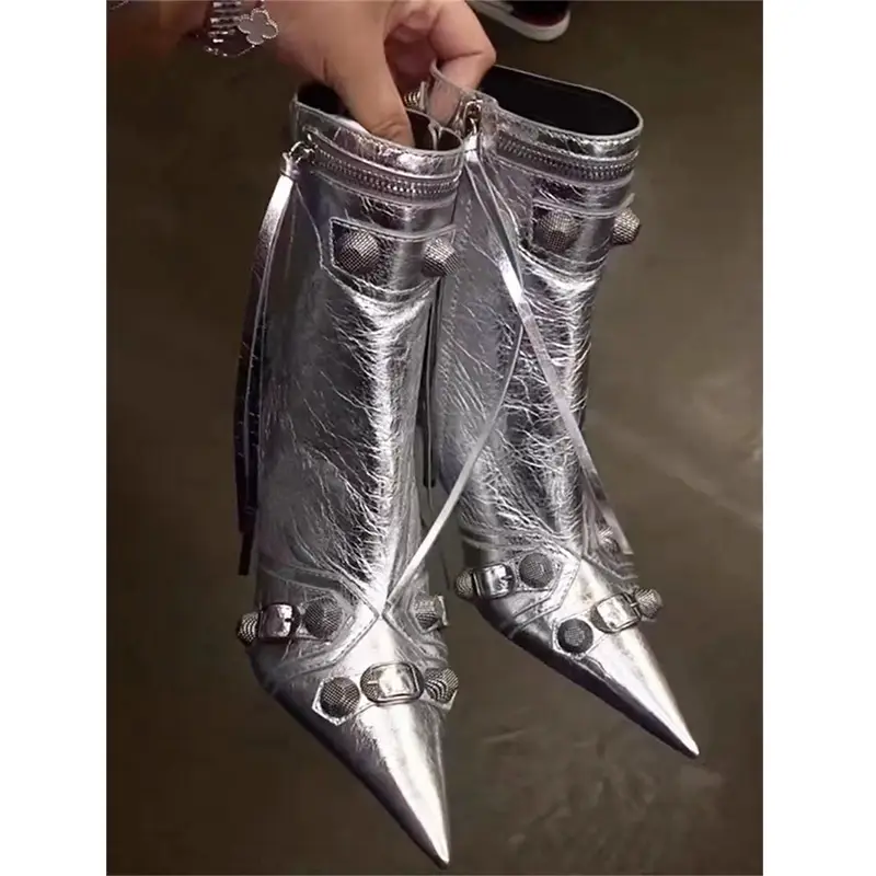 Fashion Export Catwalk Fashion Rivet Metal Pointed Stage Performance Stiletto Heel Short Boots Silver Tassel Motorcycle Boots