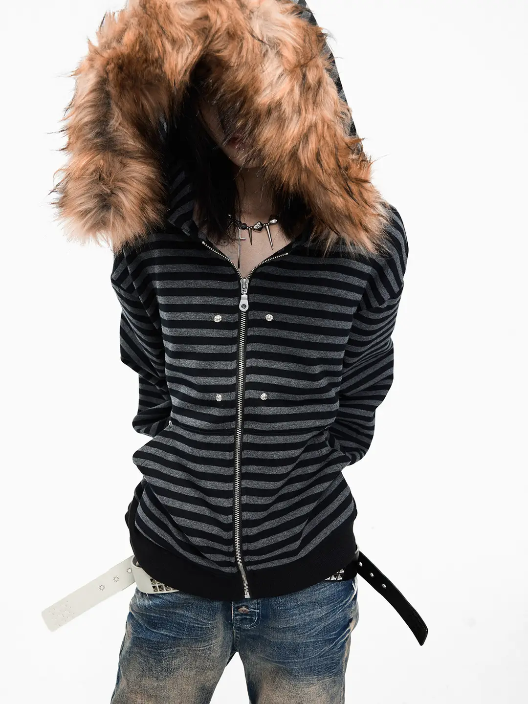 Lightinus* Black and Gray Striped Fur Collar Hooded Zip-Up Sweatshirt, Loose Fit, Casual Cardigan Jacket