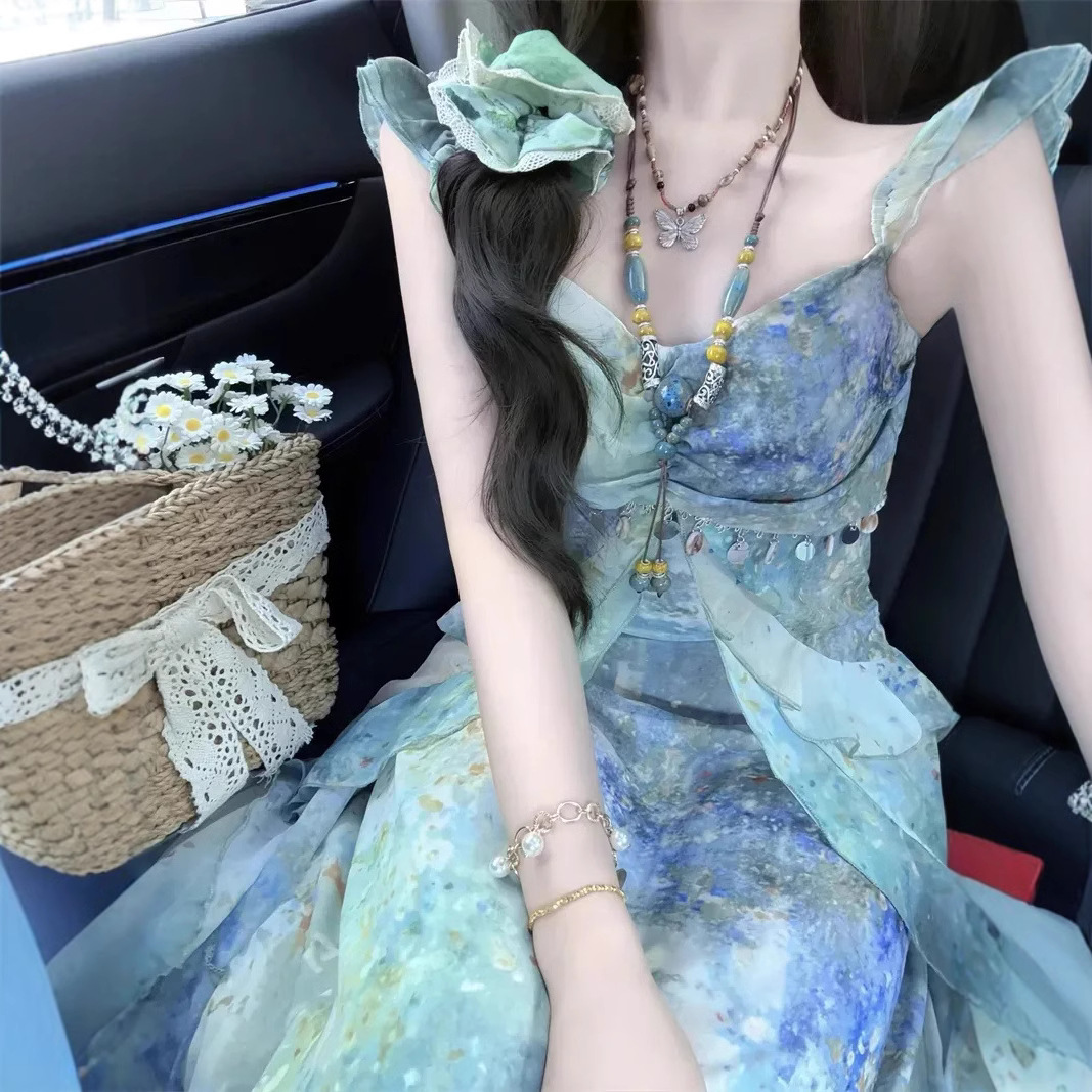Sweet Holiday-Style Design with a Gradient Effect, Waist-Cinching Strap Dress for Women, 2026 Summer New Model, Fresh and Elegant Long Dress