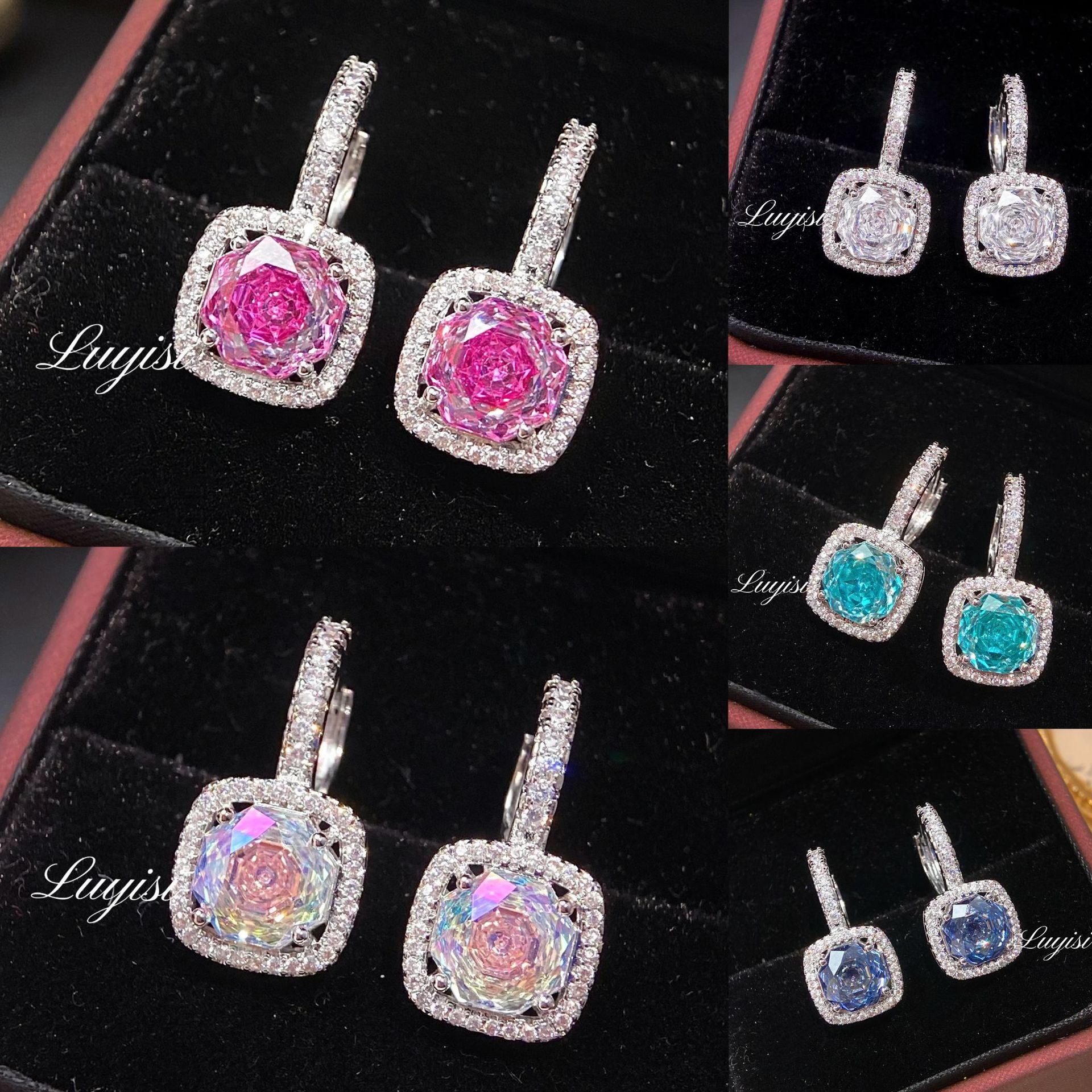 Octagonal Millennium Rose Cut Colorful Earrings Light Luxury High-End Inlaid High Carbon Diamond Square Rose Red Diamond Earrings Wholesale