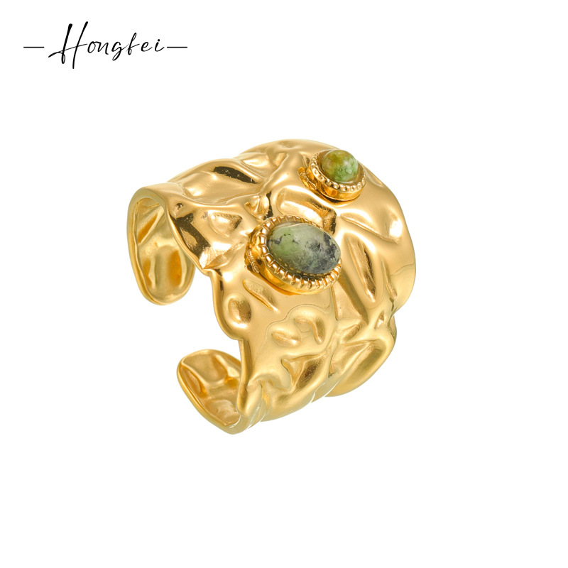 European and American INS style stainless steel 18K gold irregular pleated turquoise ring women's niche fashion OL light luxury hand jewelry