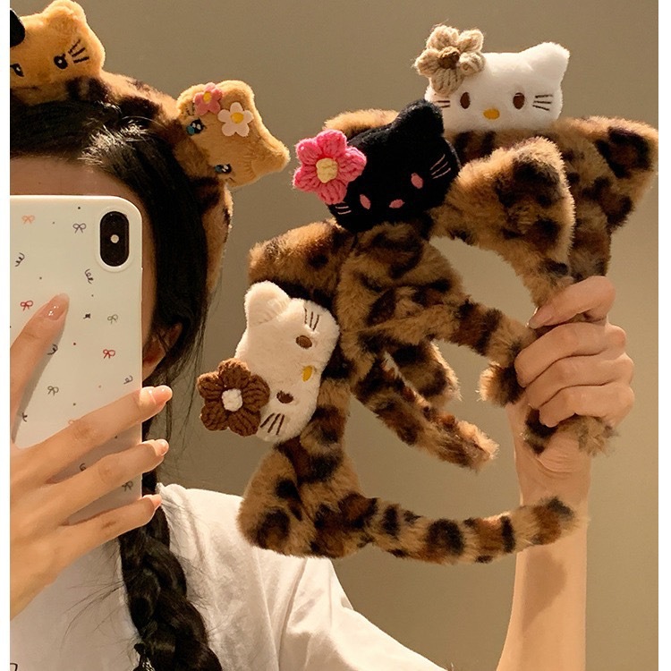 Cute Cat Sauce ~ Black Leather Kitty Cat Ears Leopard Print Stuffed Headband Women's Face Wash Makeup Headband Cartoon Hair Accessories