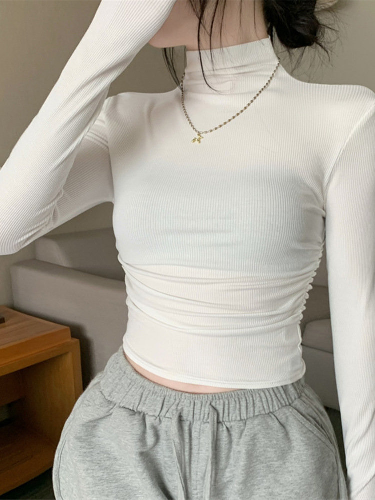Gray Long-Sleeved T-Shirt for Women in Spring & Fall 2025 New Slim Pleated Sexy Half Turtleneck Bottoming Shirt Trbottomy Top