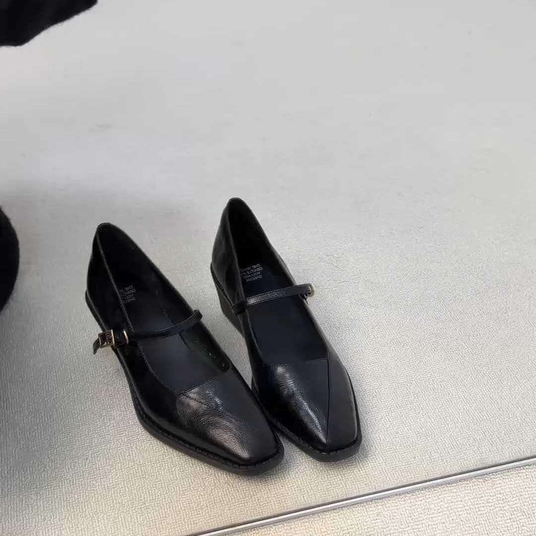 In-Stock Black Mary Jane Shoes for Women, Genuine Leather, Square Toe, 2026 Spring Collection, Chunky Heel, French Style, Single Strap, Shallow Mouth, Single Shoe