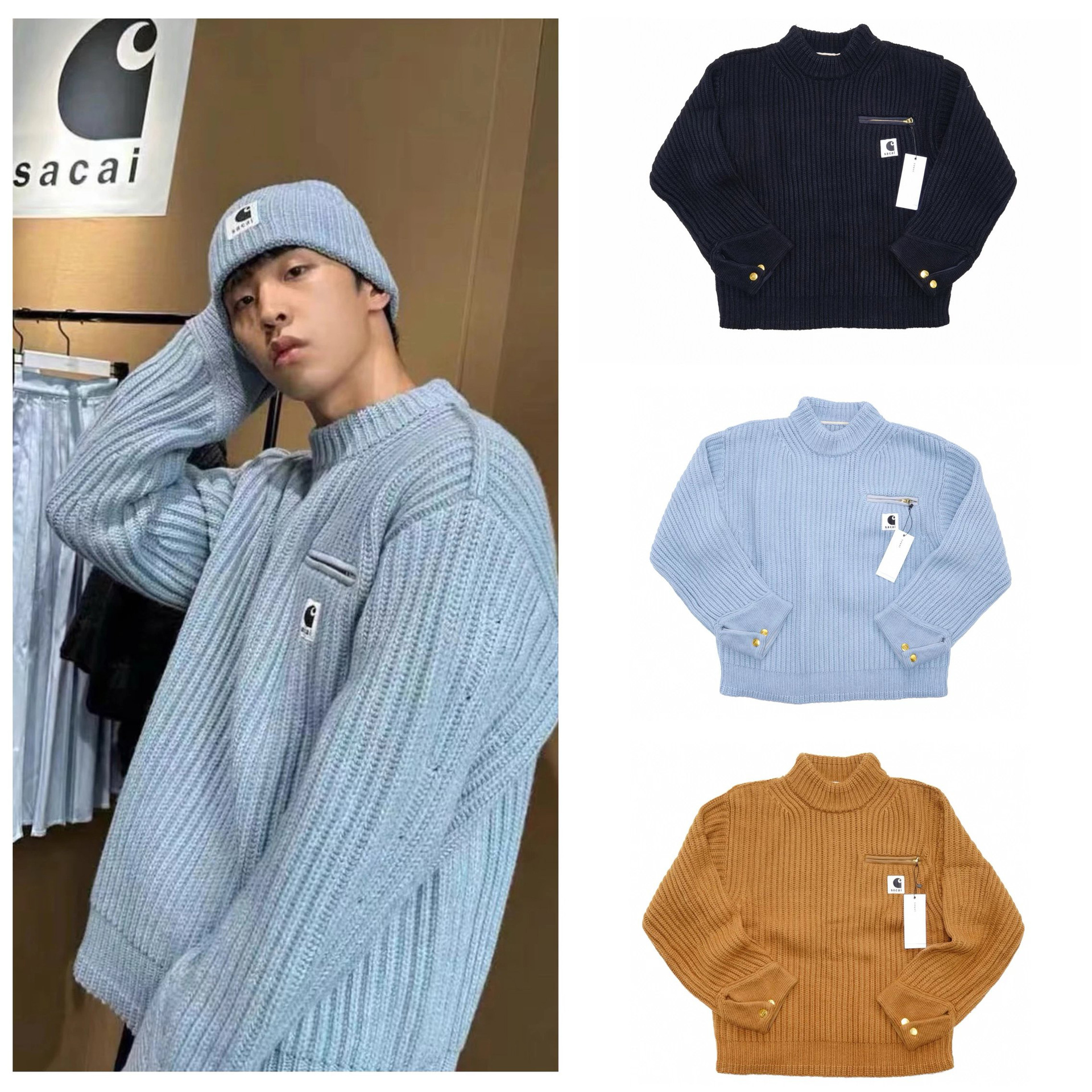Heavy Sac x Car joint button side slit sweater pullover round neck sweater niche fashion
