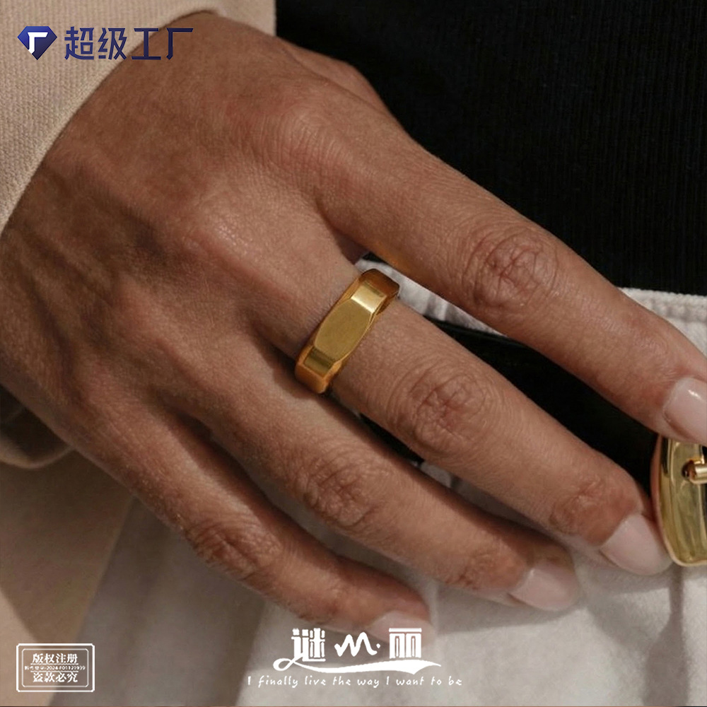 Mili Factory Direct Sale Heavy-Duty Stainless Steel Hexagonal Nut Ring Plated with 18K Gold, European and American Simple Style Index Finger Ring