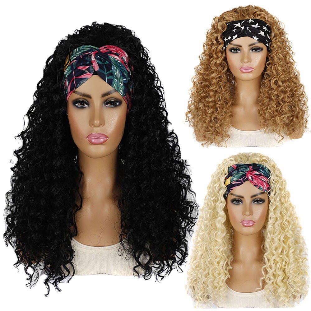 Hair band wig headgear export long curly hair deep roll wig headgear headgear with wig cover chemical fiber headgear wholesale