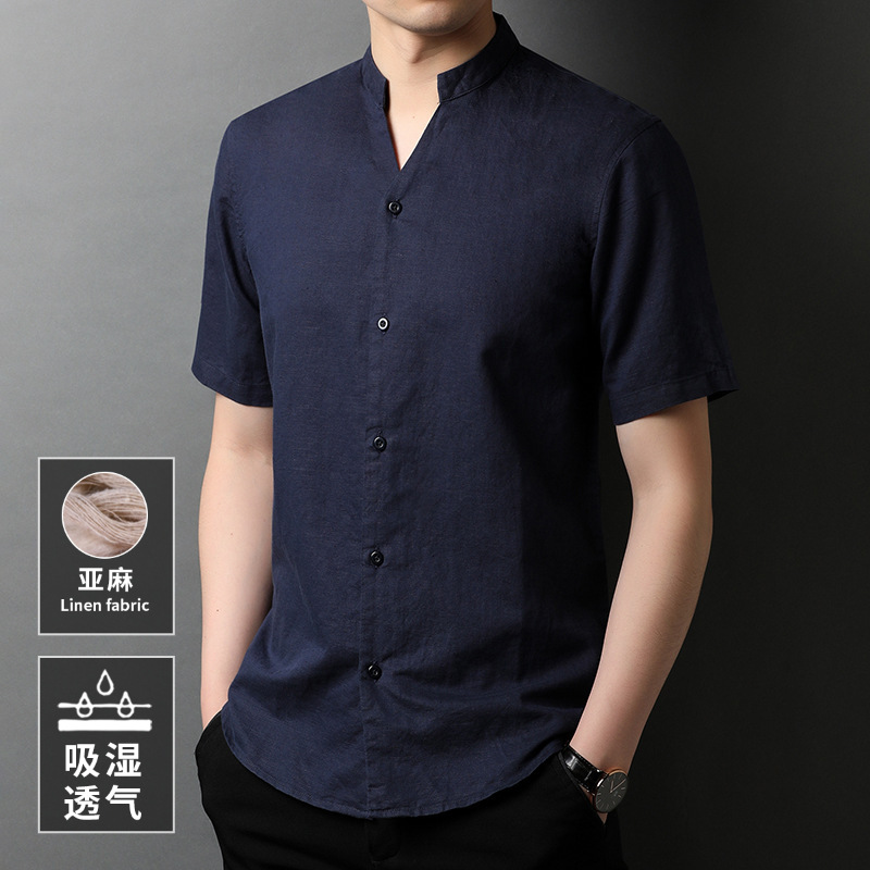 Linen Short-sleeved T-shirt Men's Shirt Solid Color Cotton Linen Collar Summer New Chinese Style Trendy Middle-aged and Young Shirt