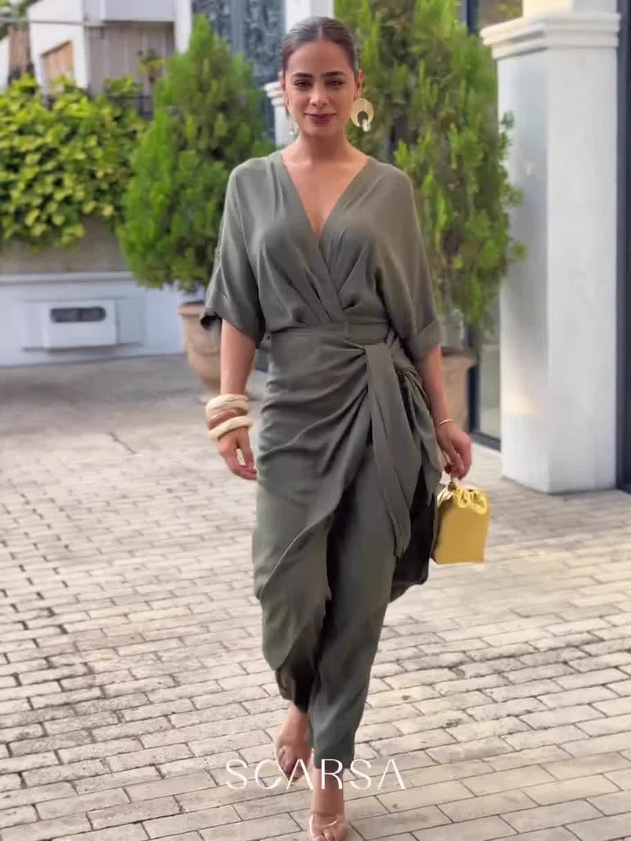 2026 Spring New European and American Amazon Style Solid Color Sexy Deep V Jumpsuit with Tie-Up Apron Long Pants
