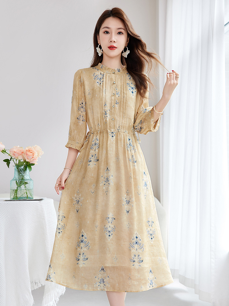 Silk and Linen Blend Silk Dress for Women, Mid-Length, 2026 Summer New Style, Elegant Waist-Cinching Mulberry Silk Printed Dress