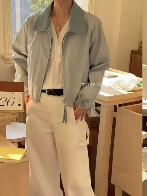 Spring 2026 Women's Leather Jacket with Protein Leather Collar and Cuffs, Denim Patchwork, Loose Casual Short Leather Jacket