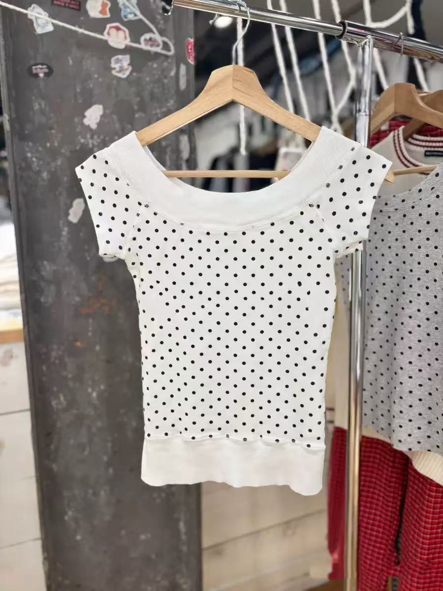 Bm Style New White Polka Dot Print Off-Shoulder Short-Sleeve T-Shirt for Women, Bm Slim-Fit Pullover Versatile Slimming Top for Summer QC photo from 1688 on Qualit.ly